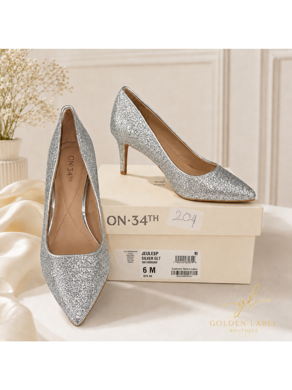 On 34th Jeules Pumps Women’s 6M Silver Glitter Pointed Toe Heels NIB